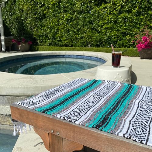 Del Mex Classic Mexican Blanket, Large Authentic Woven Falsa Throw (70"x50"), Artisan Southwest Décor for Beach, Yoga, Outdoors (Teal) - color: Teal