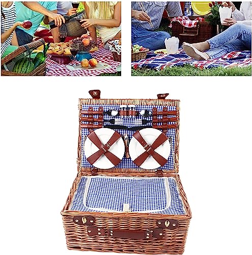 4-Person Picnic Basket Set, Blue&White Outdoor Wicker Picnic Basket with Tableware for Home/Camping
