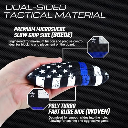 Professional Cornhole Bags Set of 8 - Dual Sided Stick & Slide (Suede/Woven) - Premium Resin Filled Regulation Weight & Size (6x6, 16oz) - Double Stitched Reinforced Seams with Carry Tote - color: American Heroes (Blue/Red Line)
