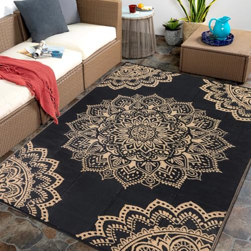 Yamaziot Waterproof Outdoor Rug 5x8 ft, Reversible Plastic Straw Rug for Patio Clearance, Camping, RV Mat, Outside Rug Carpet for Porch, Deck, Backyard, Balcony, Picnic,Black Brown - color: Black Brown, size: 5' x8'