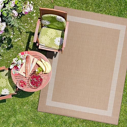 CAMILSON Outdoor Rug 8x10, Modern Outside Rugs for Patios Porches Waterproof Durable Washable Non-Shedding, Easy-to-Clean Indoor Outdoor Area Carpet (8 x 10, Bordered - Beige/White) - color: Bordered - Beige / White, size: 8' x 10' (Rectangular)