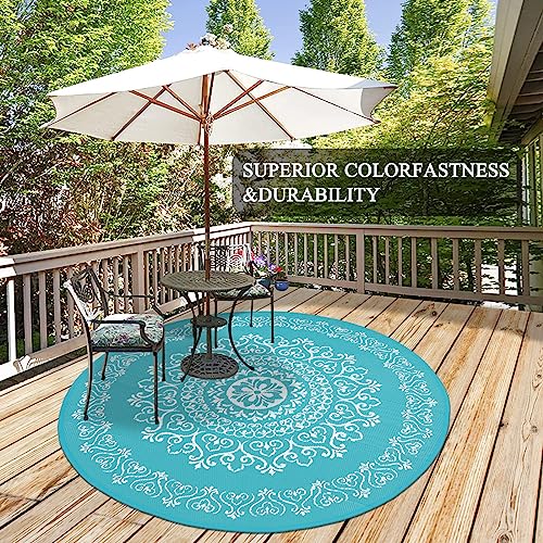 Pauwer Waterproof Outdoor Rug 6ft, Reversible Plastic Straw Patio Camping Rug, Indoor Outdoor RV Mat Carpet for Deck, Camper, Porch, Balcony, Backyard, Picnic, Floral Teal - color: Floral Teal, size: 6' (Round)