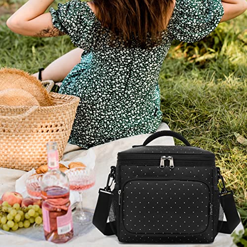 FlowFly Insulated Reusable Lunch Bag Adult Large Lunch Box for Women and Men with Adjustable Shoulder Strap,Front Zipper Pocket and Dual Large Mesh Side Pockets,Dot - color: Dot