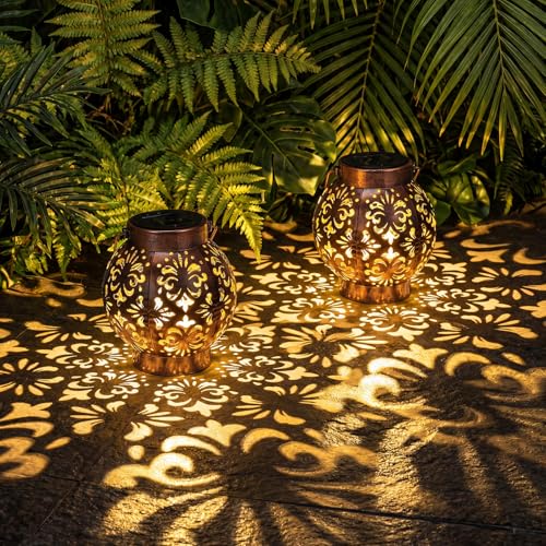 Edenseelake 2 Pack Solar Hanging Lanterns Outdoor Waterproof Flower Lights, Metal Decorative LED Lantern for Garden, Patio, Porch, Yard, Lawn, Bronze - color: Flower, size: 2 packs