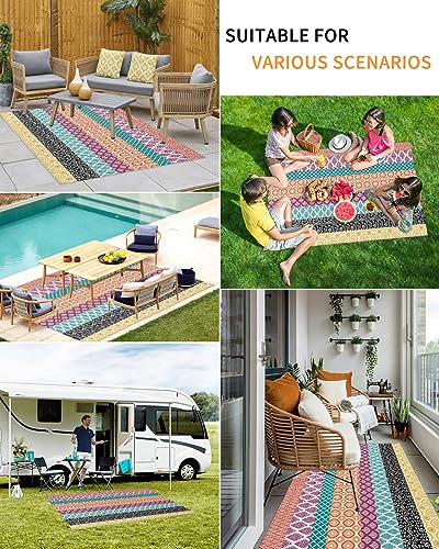Large Outdoor Rug 4'x6' for Patio Indoor Outdoor Area Rug Art Boho Style Geometric Texture Purple Orange Rugs Outside Patio Rugs Camping Carpet Mat for Spring Picnic