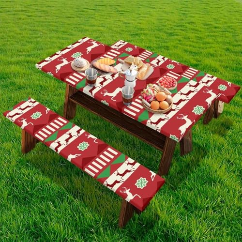 Xmas Table Cloth with Bench Covers 3 PCS for Outdoor Christmas Reindeers Camping Accessories Fitted Outdoor Tablecloth - color: Christmas Reindeers, size: Small