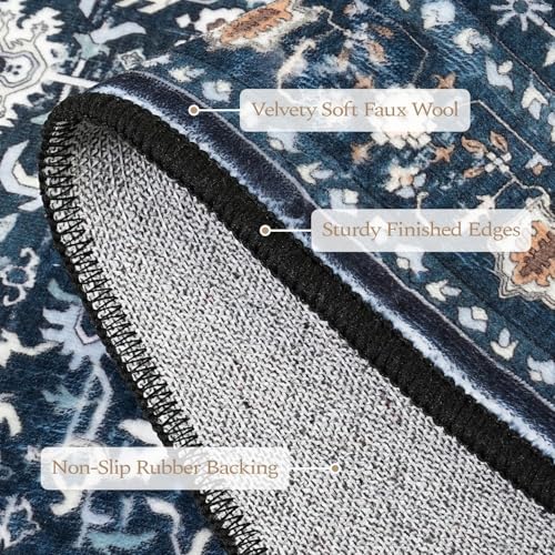 Rugflix Washable Vintage Runner Rug, 2x6 Kitchen Area Rugs with Non Slip Backing, Hallway Runners for Entryway,‎ Laundry and Bedroom, Indoor Stain Resistant Long Carpet, Dark Navy Blue - color: Blue, size: 2' x 6' (Runner)