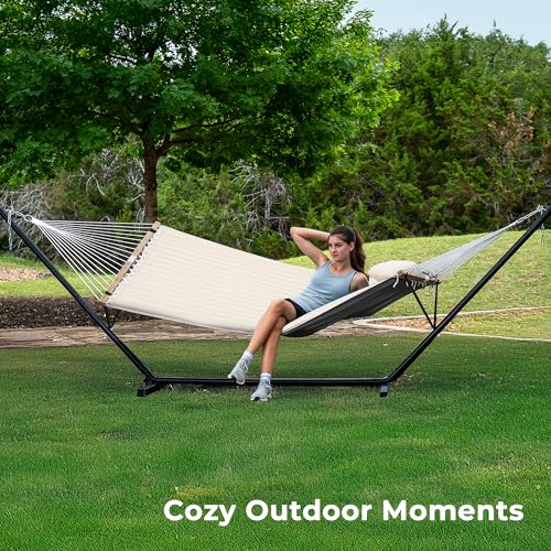 SUPERJARE Hammock with Stand, 2 Person Quilted Outdoor Hammock, Detachable Pillow & Bamboo Spreaders, Portable Hammock with Carrying Bag, Heavy Duty Stand, Perfect for Outside, Patio, Cream Beige - color: Cream Beige, size: 55.1"W × 74.8''D × 43.3''H