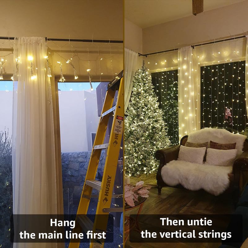 Lighting EVER 306 LED Curtain Lights with 18 Hang Down String Lights, 10×10 ft Plug in Hanging Fairy Lights for Bedroom Wall Window, Twinkle Backdrop Lights for Wedding Patio Gazebo (NOT Connectable) - color: Warm White, size: 9.8 ft