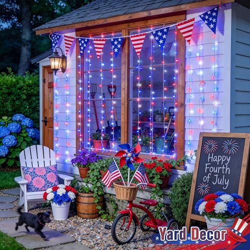 JMEXSUSS 300LED Red White and Blue Lights with Remote, 4th of July Lights Plug in, Patriots Curtain Hanging String Lights for Bedroom Wall Window Backdrop Indoor Outdoor 4th of July Decor, 9.8x9.8ft - color: Red White and Blue, size: 300 LED
