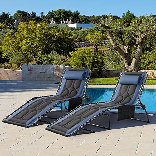 Flamaker Folding Chaise Lounge Outdoor Portable Lounge Chairs 4-Position Adjustable Camping Lounge Chair with Pillow & Side Bag Lightweight Recliner Sunbathing Chair for Pool Beach Deck (Blue) - color: Blue