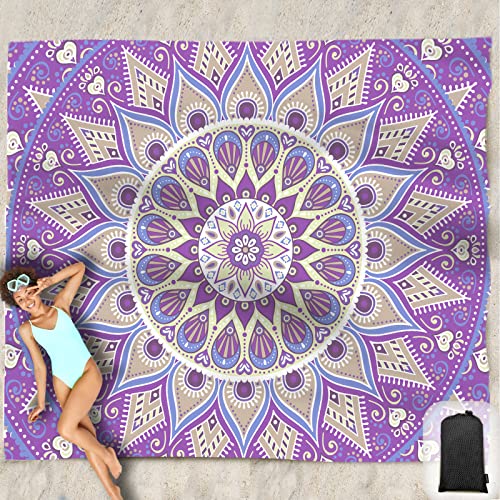 Beach Blanket Waterproof Sandproof Oversized 95”x 80”,Sand Free Beach Mat with Corner Pockets,Portable Mesh Bag for Beach Festival,Picnic,Travel and Outdoor Camping (Purple) - color: Purple
