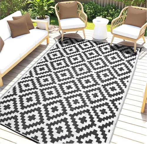 Outdoor Rugs, Outdoor Plastic Straw Rug, Reversible Waterproof Carpet for Camping, Poolside, Garden, BBQ Area, Gazebo Flooring, RV Park & Beach, Square Pattern, Black & White, 5'x8' - color: Square Frames - Black & White, size: 5' x 8'