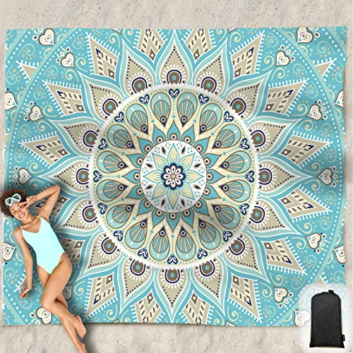 Beach Blanket Waterproof Sandproof Oversized 95”x 80”,Sand Free Beach Mat with Corner Pockets,Portable Mesh Bag for Beach Festival,Picnic,Travel and Outdoor Camping (Tealish Green) - color: Tealish Green