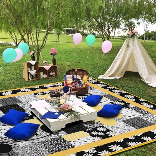 Supfitness Extra Large Picnic Blankets Waterproof Foldable (80 "x 80") Beach Blanket Waterproof Sandproof,3-Layer Thicking Mat Outdoor Packable Camping Blanket - color: Flower-3, size: 6'8" x 6'8" (Square)