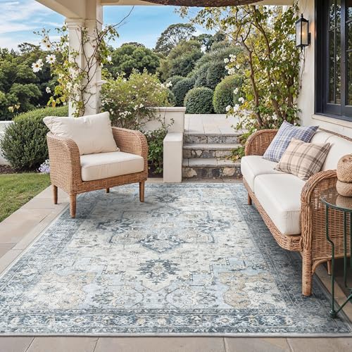 GENIMO Outdoor & Indoor Area Rug 6'x9', Waterproof, Non-Shedding, Easy Cleaning, Boho Mat for Patio, Living Room, Balcony, Dining Room, RV, Deck, Bedroom, Camping, Outside Carpet,Blue - color: Blue, size: 6' x 9' (Rectangular)