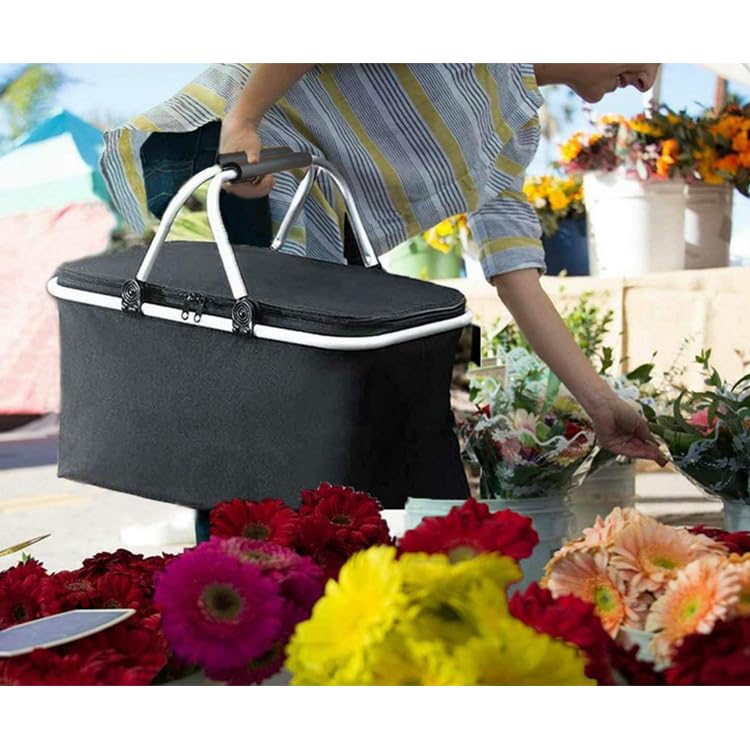 Foldable Insulated Picnic Basket 30L 31.7 QT Large Capacity Cooler Tote with Double Handles Thermal Shopping Basket for Picnic Camping Beach Travel Outdoor Use