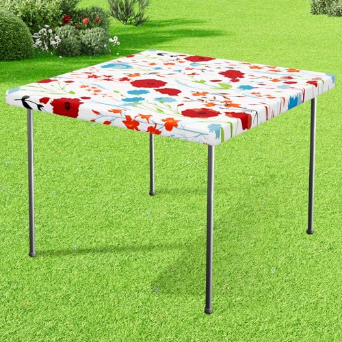 misaya Square Vinyl Tablecloth, Fitted Table Cover, 100% Waterproof, Elastic Edge, Flannel Backing, Plastic Tablecloth Fit Folding Tables for Picnic, Camping, Outdoor (Flowers, 34x34 inch) - color: Off White, size: 34" x 34" (Square)