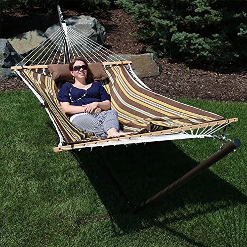 Sunnydaze Rope Hammock with Stand for Outside - Heavy Duty Freestanding Portable Outdoor Hammock Set with Quilted Pad, Pillow, and 12-Foot Steel Frame - 275 lb Capacity - Desert Stripe - color: Desert Stripe