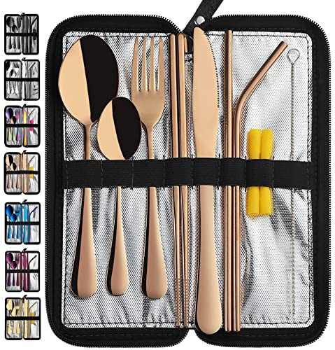 Portable Travel Utensils, Reusable Silverware with Case for Fixing Tableware, 9 Pieces Stainless Steel Stable Flatware Set, Camping Picnic Cutlery Set (Rose Gold Set) - color: Rose Gold Set, size: 9 Pieces - Medium