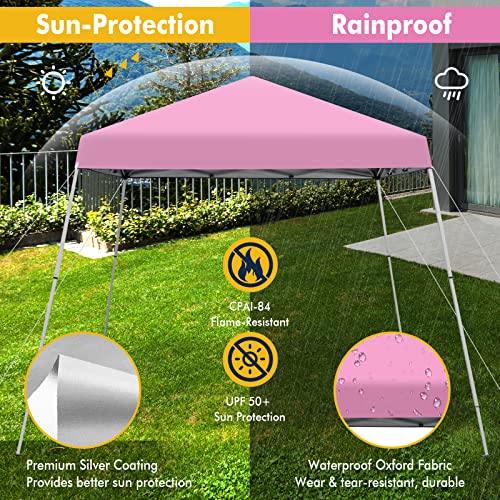 Tangkula 10x10 Ft Pop Up Canopy, Slanted Leg Outdoor Canopy Tent with Center Lock, UPF50+ Sun Protection, 4 Stakes, 8 Ropes, Carrying Bag, 1 Person Setup Instant Tent Shelter for Camp, Beach, Patio - color: Pink