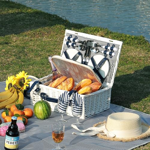 Picnic Basket for 4 Persons with Waterproof Picnic Blanket and Insulated Cooler, Large Wicker Picnic Basket for Camping, Outdoors, Valentine's Day, Christmas, Birthday, Wedding Gift - color: White Basket