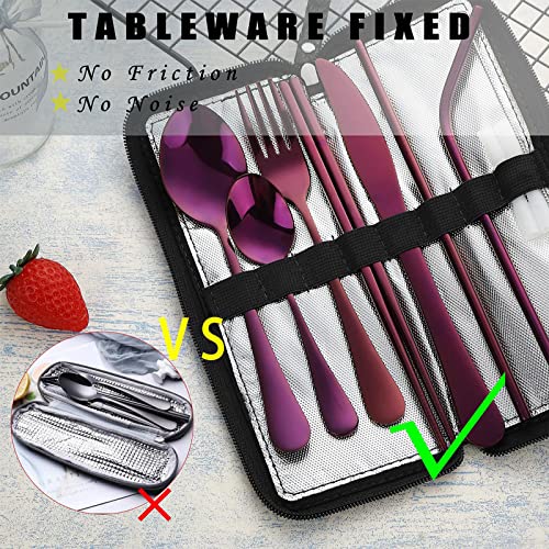 VANDBAO Portable Travel Utensils, Reusable Silverware with Case for Fixing Tableware, 9 Pieces Stainless Steel Stable Flatware Set, Camping Picnic Cutlery Set (Purple Set) - color: Purple Set, size: 9 Pieces - Medium