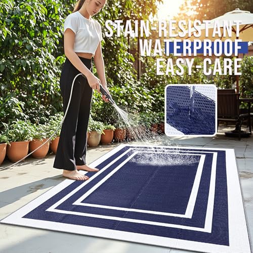OLANLY Outdoor Rug 5x8 ft Waterproof, Reversible Outdoor Plastic Straw Rug, RV Mat, Indoor Outdoor Carpet Clearance for Patio, Camping, Balcony, Deck, Backyard, Navy & White - color: Navy Blue & White, size: 5' X 8' (Rectangular)