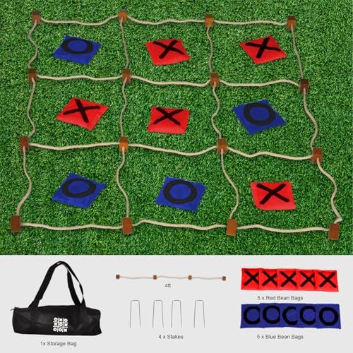 Giant Tic Tac Toe Outdoor Games, Bean Bag Toss for Kids and Adults, 4Ft x 4Ft, Large Backyard Family Game, No Assembly, Indoor Outdoor Play, Portable Giant Lawn Games, Instant Setup - color: Red & Blue