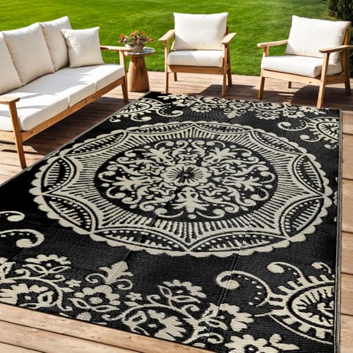 Capslpad 5x8 Outdoor Rug Waterproof Camel Boho Floral Patio Carpet Portable Plastic Straw Rug Foldable Outside Carpet with Carry Bag for RV Backyard Balcony Bench Picnic Porch - color: Black&brown, size: 5' x 8' (Rectangular)