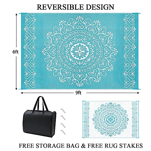 Pauwer Waterproof Outdoor Rug 6x9, Reversible Plastic Straw Patio Camping Rug, Indoor Outdoor RV Mat Carpet for Deck, Camper, Porch, Balcony, Backyard, Picnic, Floral Teal - color: Floral Teal, size: 6' x 9' (Rectangular)
