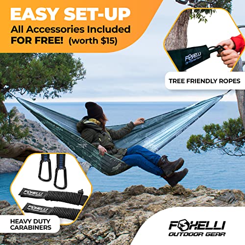 Foxelli Camping Hammock – Ultralight Hammock for Backpacking, Hiking, Festivals, Travel - Easy Setup with Tree-Friendly Ropes & Steel Carabiners, Heavy Duty Parachute Nylon - color: Adventures Green