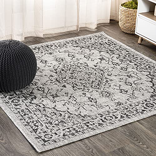 JONATHAN Y Boho Medallion Indoor Outdoor Square Area Rug 5X5 Gray/Black, Rozetta Textured Weave for Backyard, Patio, Porch, Easy-Cleaning, High Traffic, Pet-Friendly, Non-Shedding (SMB102D-5SQ) - color: Gray/Black, size: 5'3" x 5'3" (Square)
