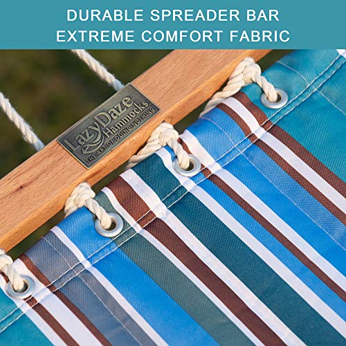 Lazy Daze Hammocks 12 FT Quilted Fabric Double Hammock with Spreader Bars and Detachable Pillow, 450lbs Weight Capacity - color: Peacock Green Stripe