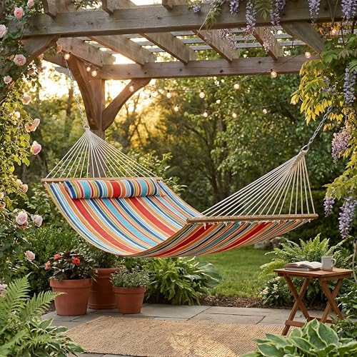 Sunnydaze Quilted Double Hammock for Outside with Spreader Bars and Pillow - 450 lb Capacity, 74x55 Inch Bed, UV Resistant, Quick Dry - Chains Included, Stand Sold Separately - Caribbean Stripe - color: Caribbean Stripe