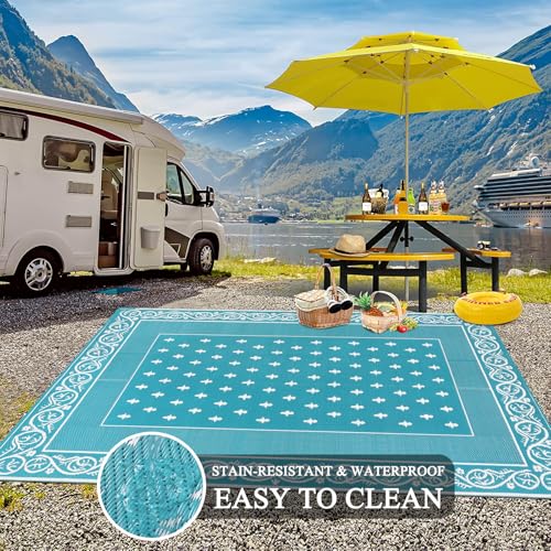 Pauwer Waterproof Outdoor Rug 8x10, Reversible Plastic Straw Patio Camping Rug, Indoor Outdoor RV Mat Carpet for Deck, Camper, Porch, Balcony, Backyard, Picnic, Bordered Teal - color: Bordered Teal, size: 8' x 10' (Rectangular)