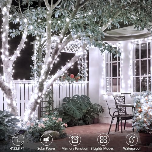 4 Pack Solar String Lights, Total 132Ft 400 LED Solar Powered Twinkle String Lights Waterproof with 8 Lighting Modes Green Wire for Patio Garden Party Yard Wedding Decors (Cool White) - color: Cool White