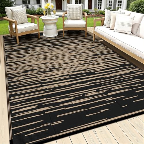 HEBE Outdoor Rug 5'x8' Waterproof, Reversible Plastic Straw Patio Rug Camping Mat, Indoor Outdoor Area Rug Carpet for Patios, Deck, Porch, RV, Camping, Picnic, Balcony - color: Stripe/Black, size: 5' x 8' (Rectangular)