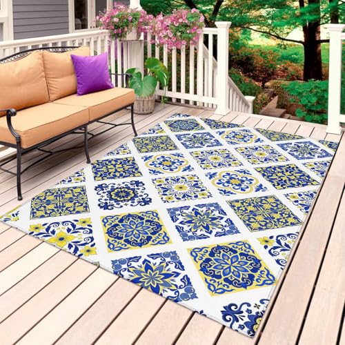 Bohemia Style Area Rug 5' x 8', Outdoor Rugs for Patio Rug Carpet for Sofa Living Room Bedroom, Large Floor Mat and Rugs for RV, Backyard, Deck, Picnic, Abstract Middle Century Aztec Pattern Blue - color: Blue, size: 5' x 8' (Rectangular)