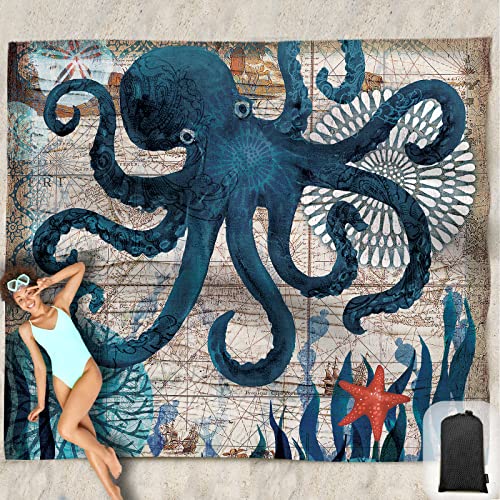 Beach Blanket Waterproof Sandproof Oversized 95”x 80”,Sand Free Beach Mat with Corner Pockets,Portable Mesh Bag for Beach Festival,Picnic,Travel and Outdoor Camping (Octopus) - color: Octopus
