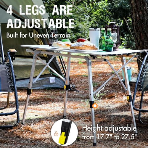 Portal Outdoor Folding Portable Picnic Camping Table with Adjustable Height Aluminum Roll Up Table Top Mesh Layer, Silver - color: Silver, size: Large-35.4"L x 20.9"W