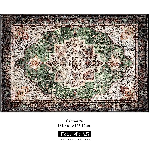 4x6.5 Green Boho Area Rug Vintage for Kitchen Living Room Bedroom Dining Room Office Non Slip Low Pile Indoor Floor Distressed Carpet - color: A#green, size: 4' x 6.5' (Rectangular)