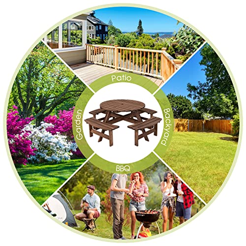 Giantex Wooden Picnic Table Set with Wood Bench, 4 Adults or 8 Kids Outdoor Round Table with Umbrella Hold Design, Perfect for Outdoor Garden Yard Pub Beer Dining, Dark Brown - size: 70.5"L×70.5" W×27.5" H