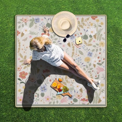 Picnic Blankets Waterproof Foldable Extra Large, 80"x 80" Outdoor Beach Blanket Sandproof, 3-Layer Lightweight Handy Mat Tote Picnic Camping Rugs for Outside Your Rv - color: Flower2, size: 6'8" x 6'8" (Rectangular)
