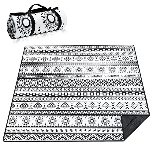 Supfitness Extra Large Picnic Blankets Waterproof Foldable (80 "x 80") Beach Blanket Waterproof Sandproof,3-Layer Thicking Mat Outdoor Packable Camping Blanket(Bohemian) - color: Black and White, size: 6'8" x 6'8" (Square)