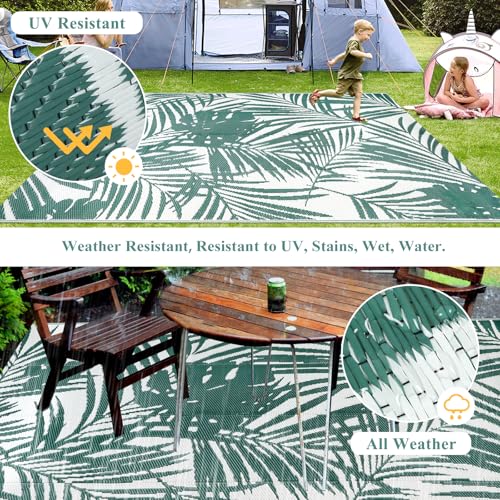 famibay Tropical RV Outdoor Rug All Weather Reversible Patio Rugs Outdoor 8x10 Waterproof Plastic Camping Rug Tropical Outdoor Rugs for Patio Deck Canping (Green) - color: Green & White, size: 8' x 10'