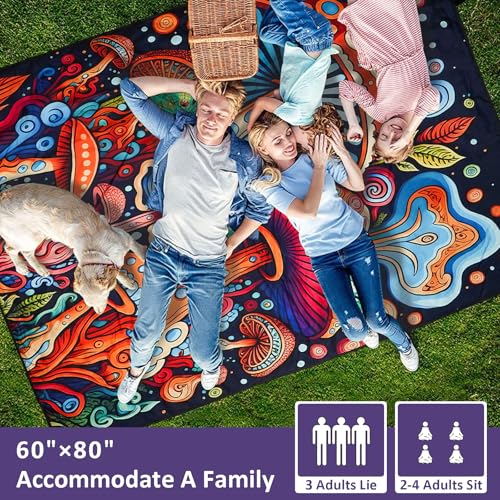 Mushroom Picnic Blankets Waterproof Foldable Picnic Outdoor Blanket 80"x 60" Picnic Mat 3-Layer Thicking Outdoor Foldable Blankets Sandproof Lightweight Beach Blankets with Strap Machine Washable - color: Mushroom02, size: 60*80in