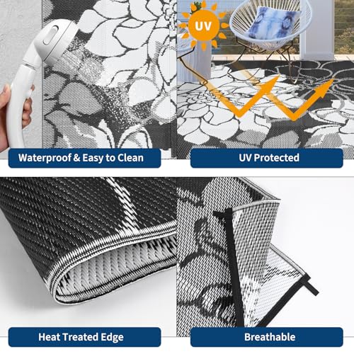 GarveeHome Large Outdoor Rug 9x18 Waterproof Reversible Mat Floral Tropical Camping Rugs Indoor Outdoor Rugs Carpet Plastic Straw Rug for Patio Deck Balcony Pool RV Camping, Black and White - color: Floral|black&white, size: 9' x 18' (Rectangular)
