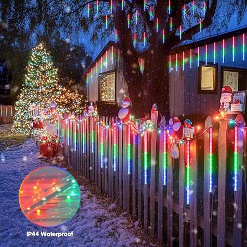 JMEXSUSS Solar Meteor Shower Rain Lights, 8 Tube 144 LEDs Multicolor Solar Christmas Lights, Led Falling Rain Christmas Light for Xmas Tree Wedding Holiday Party Patio Decoration - color: Multicolor, size: 1*144LED