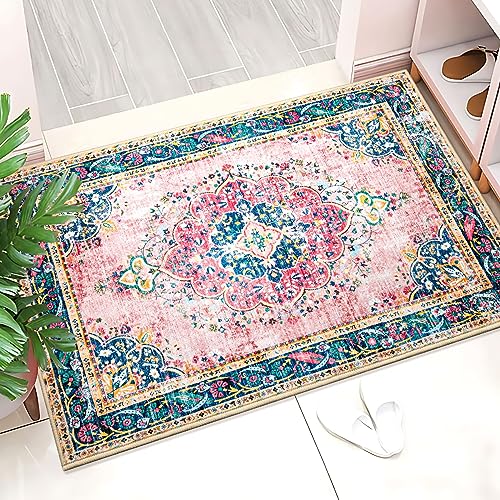 Small Area Rug 2x3 Pink Boho Bathroom Rug for Entryway Kitchen Blush Thin Foldable Vintage Throw Rug Low Pile Non Slip Washable Indoor Carpet - color: A#pink, size: 2' x 3' (Rectangular)
